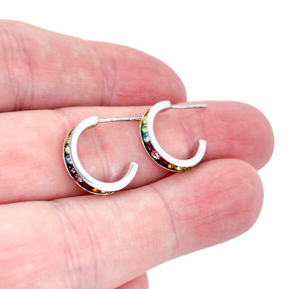 Vintage ATI Taiwan Sterling Silver 925 Rainbow CZ Hoop Earrings - Picture 1 of 8